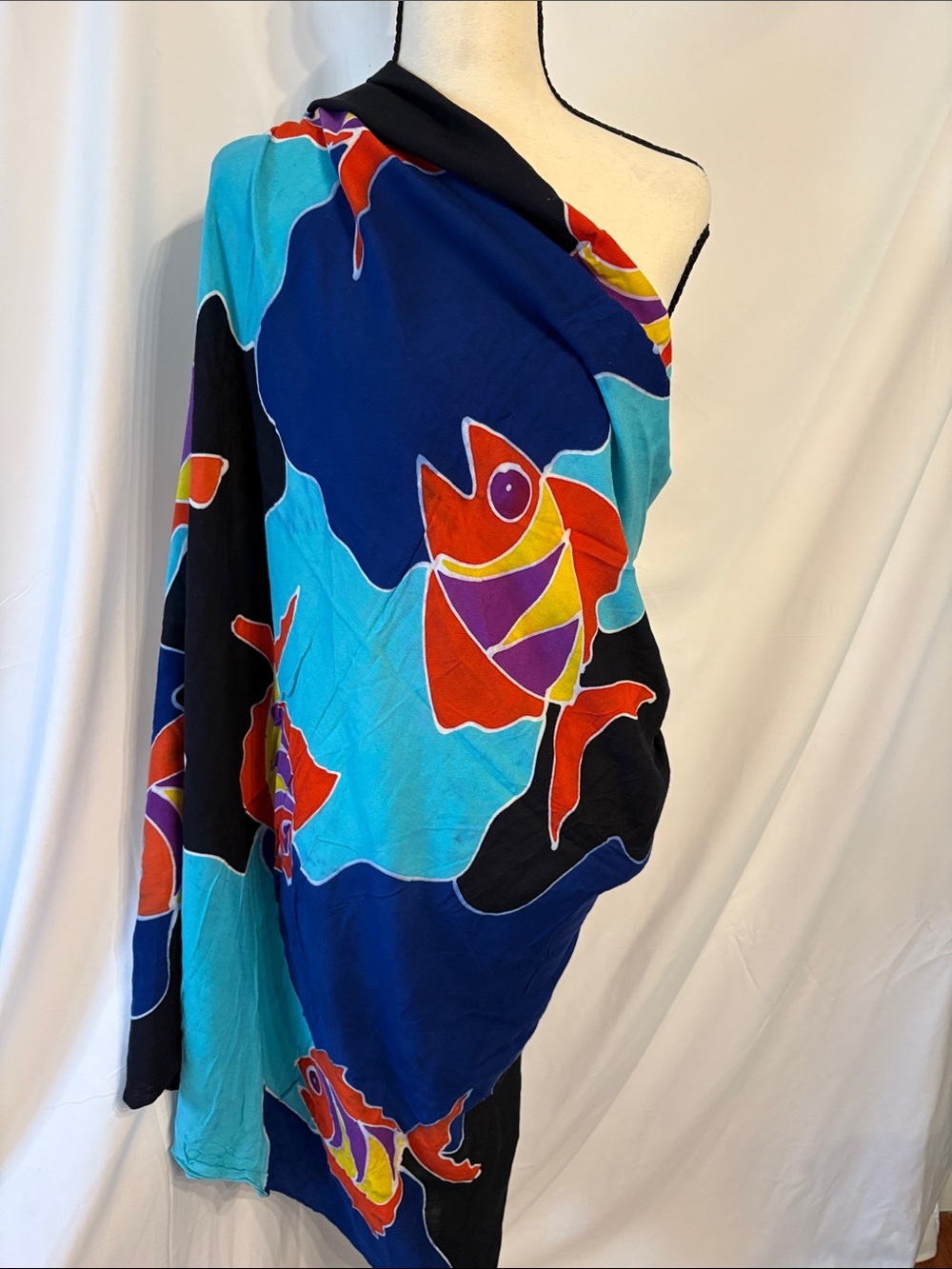 Vibrant Fish Print Wrap Sarong/Scarf - Bold Blue & Turquoise Resortwear Beach